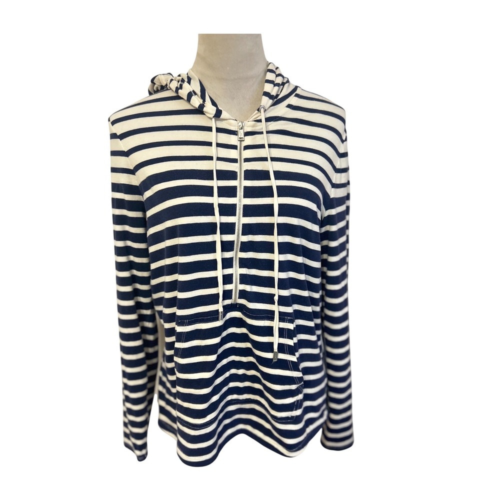 Lauren Ralph Lauren Active Navy‎ & White Striped Quarter Zip Hoodie Womens Large
